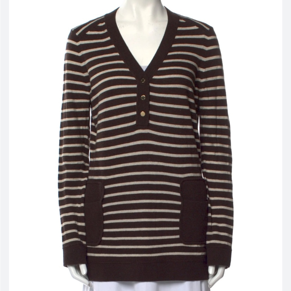Tory Burch Brown Striped Felicia Sweater Women Size M V-neck Cashmere Blend